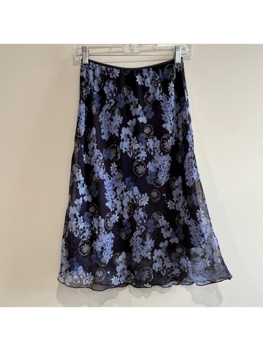 Wrapper A-Line Midi Skirt Womens S Navy Floral Sheer Lined 90s Made in USA